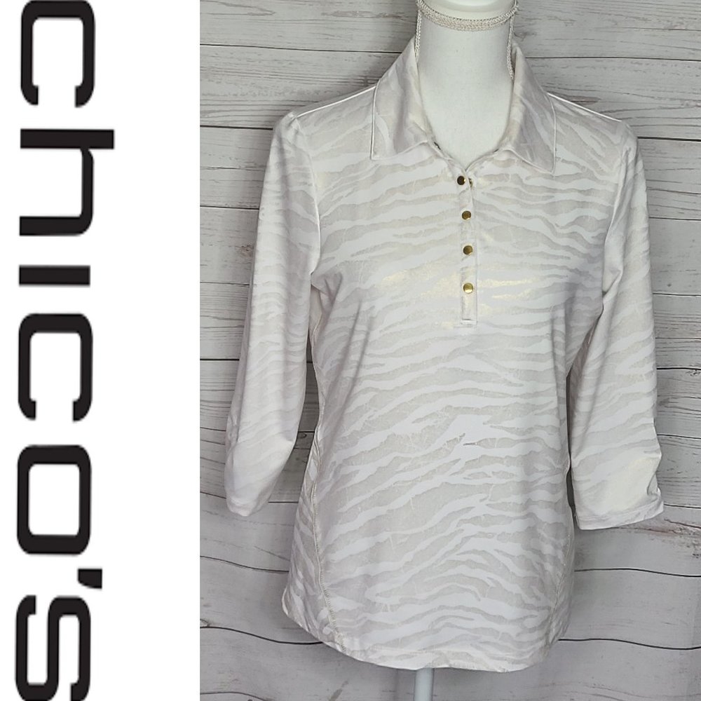 Chico's Zenergy Gold Dust Zebra Print Long Sleeve Golf Shirt